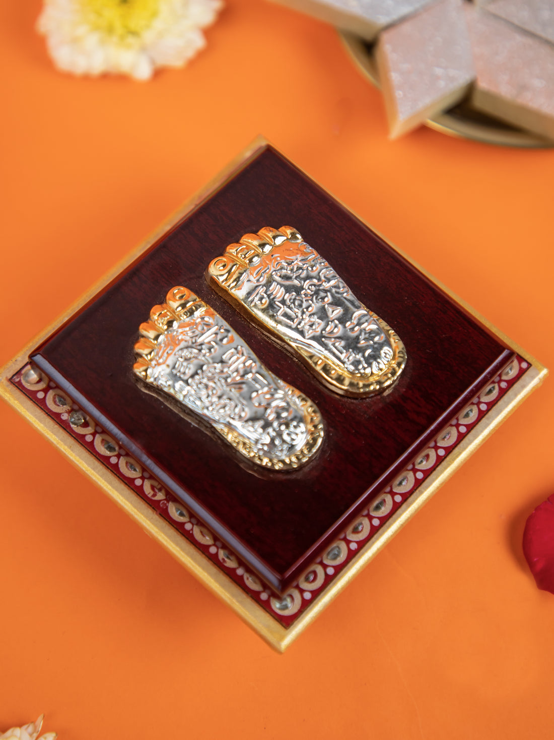 Laxmi Charan Paduka on Wooden Base – Silver & Gold Finish Feet for Pooja, Home Temple & Diwali Gifting