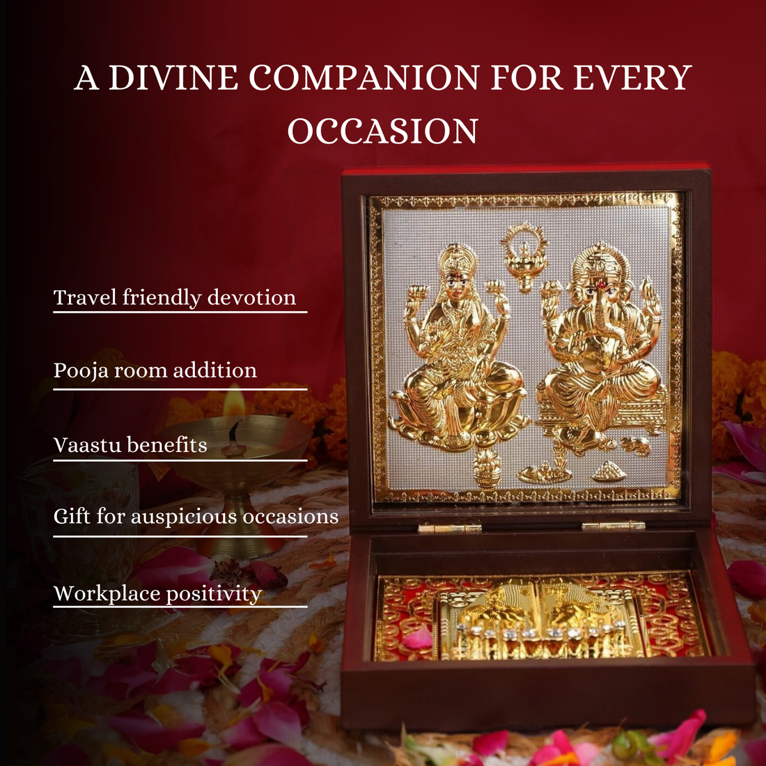 Laxmi Ganesh Pocket Temple with Charan Paduka – Portable Mandir for Pooja, Home & Gifting - Medium - Brown