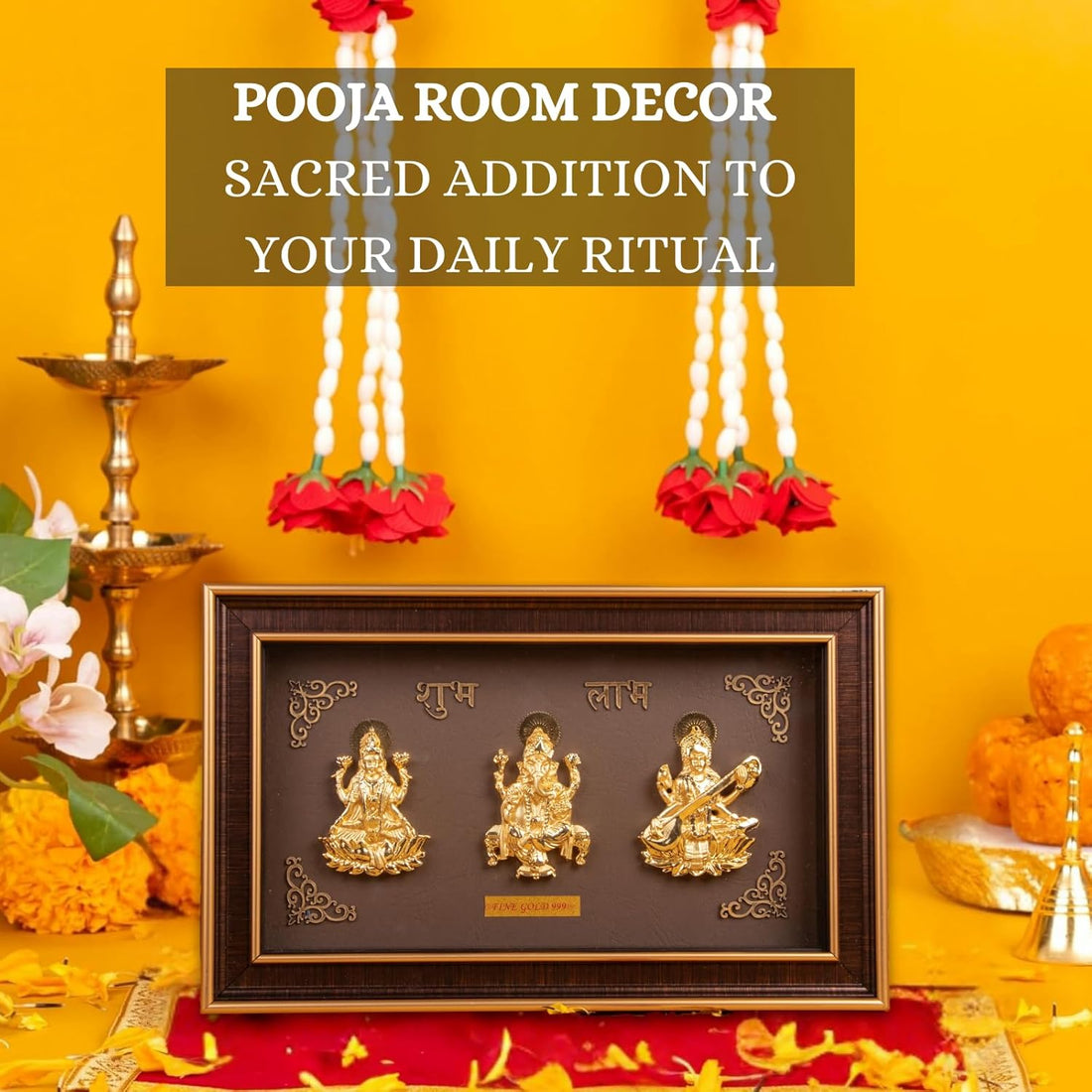 Golden Trimurti Frame for Home Decor and Gifting (Ganesha, Laxmi and Saraswati) - (Pack of 5/10/20)