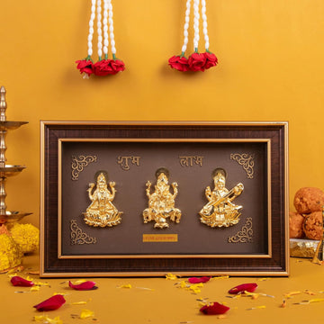 Golden Trimurti Frame for Home Decor and Gifting (Ganesha, Laxmi and Saraswati) - (Pack of 5/10/20)