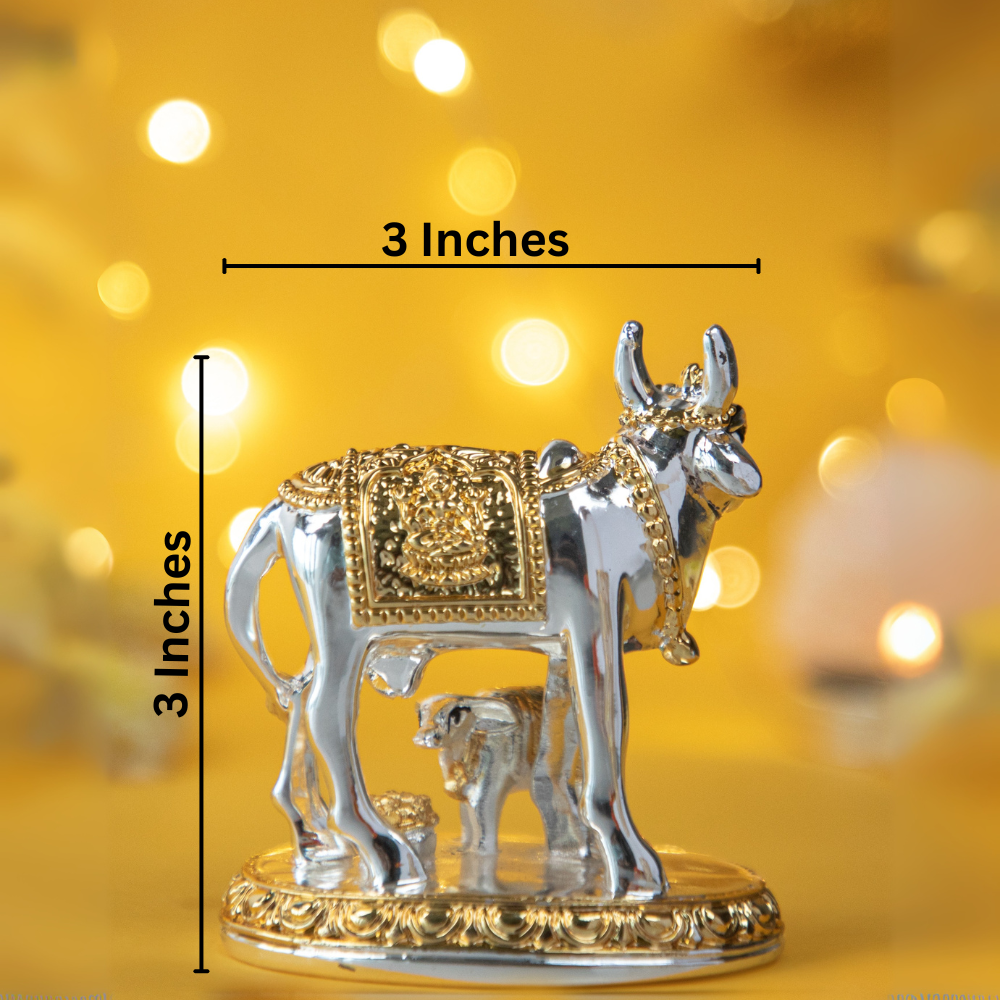 Resin Silver Plated Kamdhenu Cow with Calf Statue for Vastu, Good Luck- (Pack of 5/10/20)