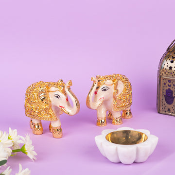 White Elephant with flower tealight Combo for Diwali Gifting & Pooja Room Decoration - (Pack of 5/10/20)