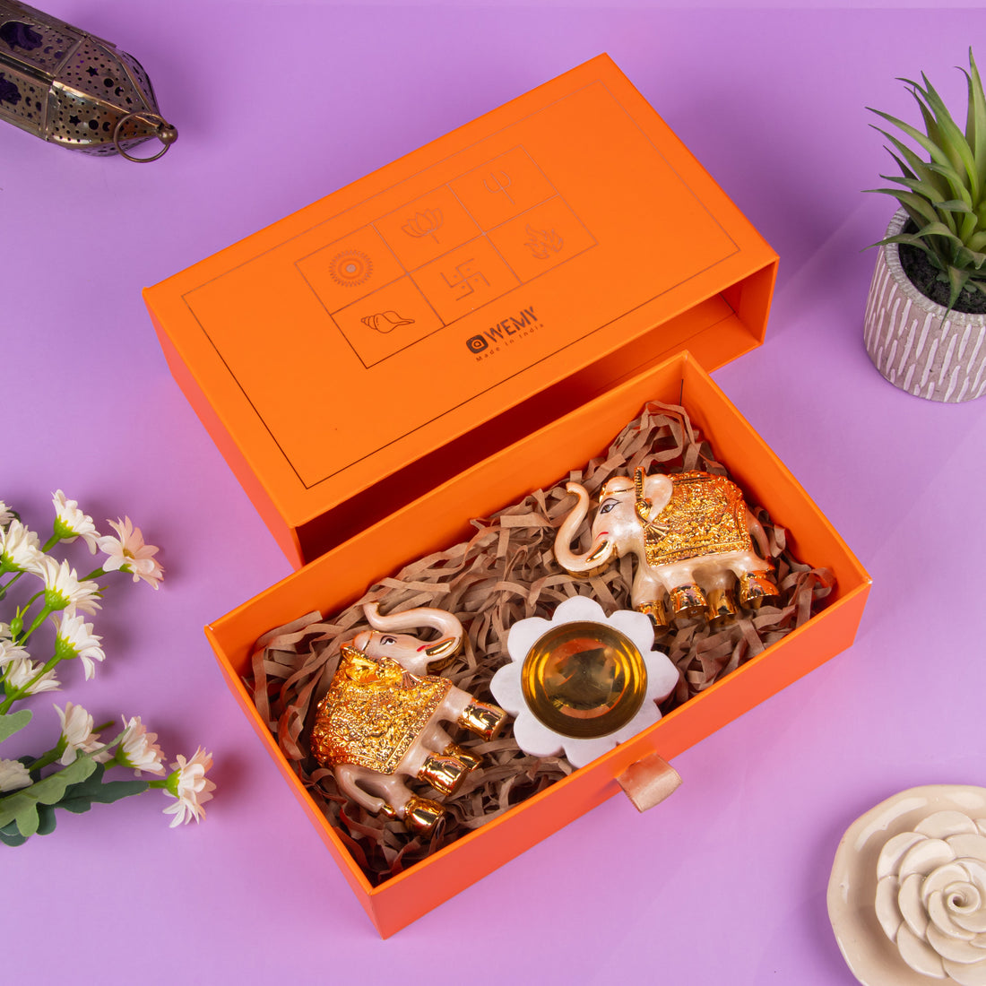 White Elephant with flower tealight Combo for Diwali Gifting & Pooja Room Decoration - (Pack of 5/10/20)