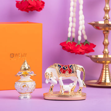 Kamdhenu Idol with Calf & Silver Kalash Combo for Diwali Gifting & Pooja Room Decoration - (Pack of 5/10/20)