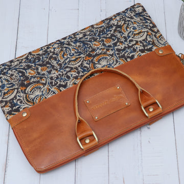 Hand Held Leather with block print laptop sleeve Dark Blue (Pack of 5/10/20)
