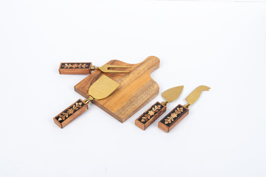 Cheese Knives Set with a Wooden Platter | Pronged Knife, Cheese Fork, Flat Cheese Knife & Parmesan Knife with Handcarved Wooden Handle