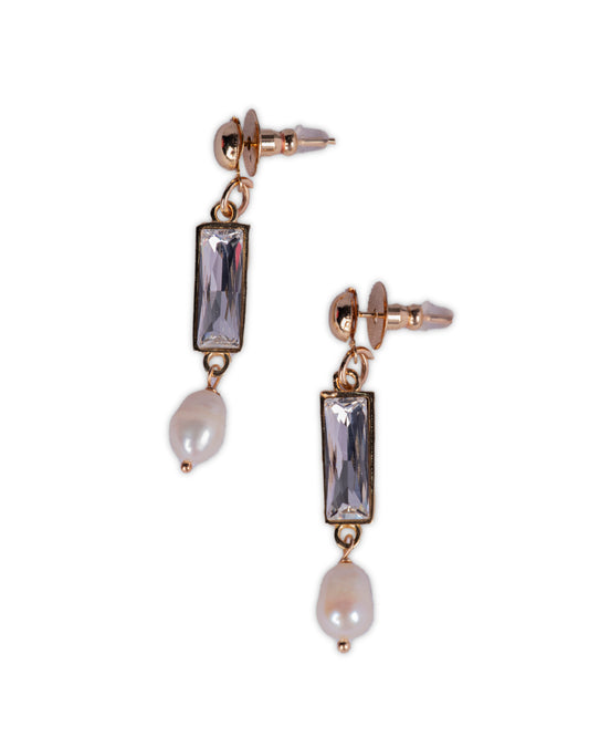 2 Stone Swarovski Crystal Brass Metal Drop Earring in Lt Gold Metal Finish with Baroque Pearls