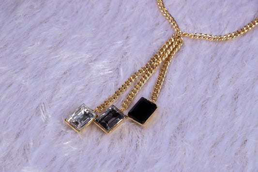 Zaariya- Swarovski Crystal 3 Stones Tassel Necklace with Fine Brass Metal Chain in lt Gold Metal Finish