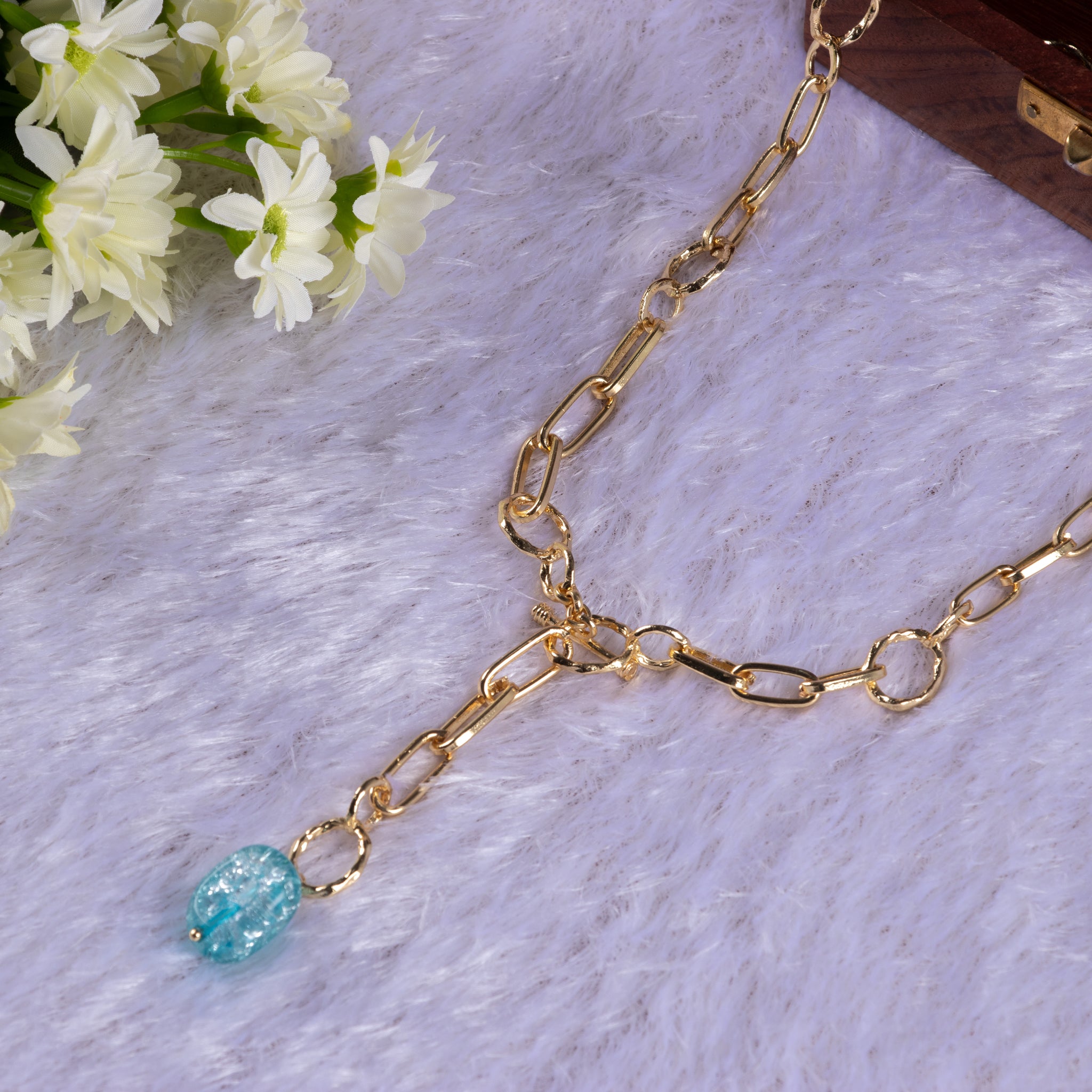 Zaariya- T-Bar Link Chain Long “Y” Necklace With Semi Precious Aqua Stone in Gold Finish . Matching Earring