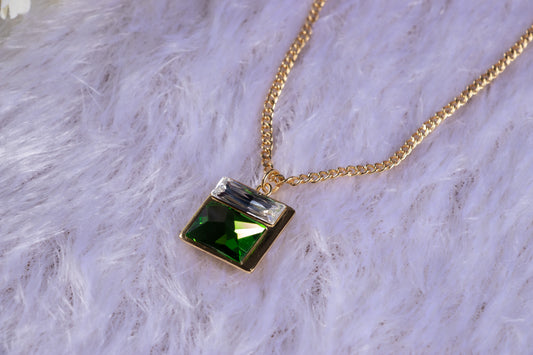 Zaariya- Crystal Brass 2 Stone Pendant Necklace with Fine Brass Metal chain in Lt Gold Metal Finish (green)