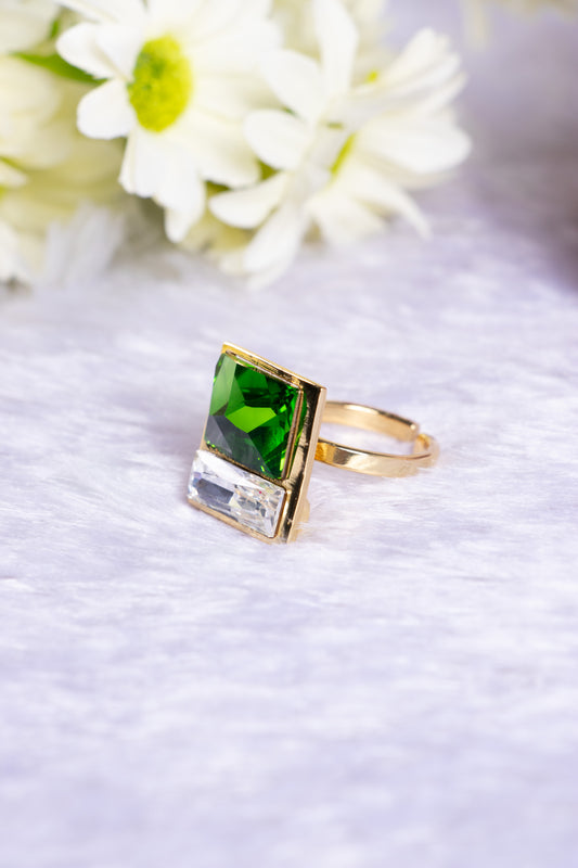 Zaariya- 3 Stone Swarovski Crystal Brass Metal Finger Ring green