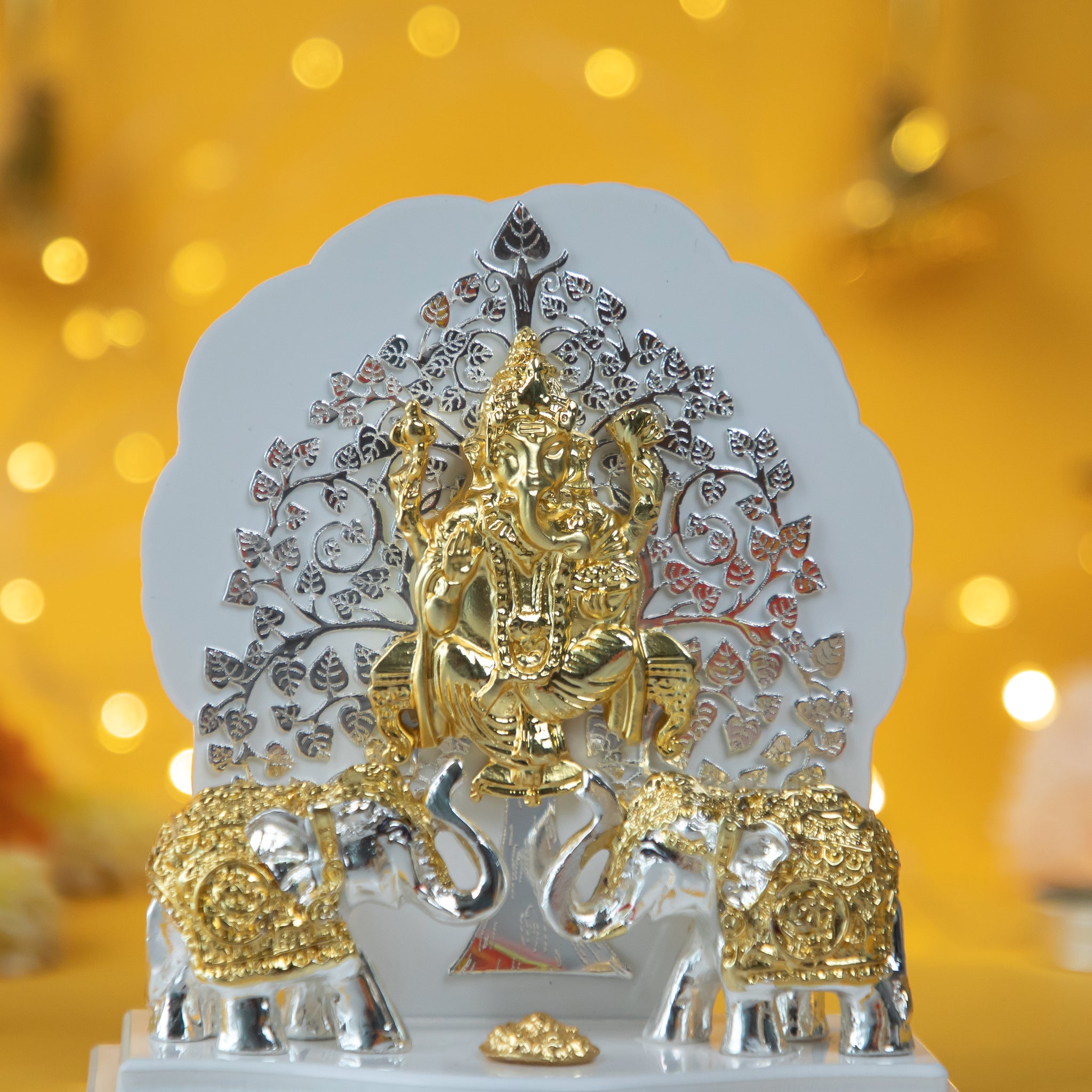 Kalpavriksh Ganesh Idol with Dual-Tone Elephants – Gold & Silver Plated Decorative Showpiece for Home & Gifting