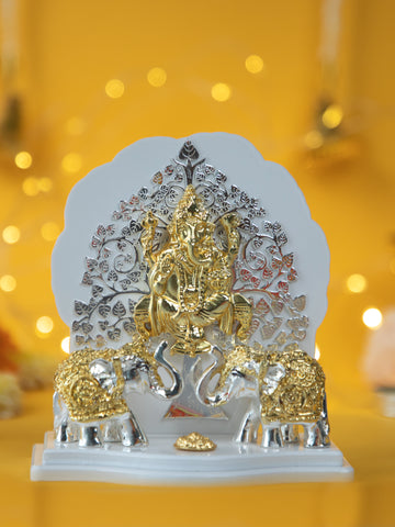 Kalpavriksh Ganesh Idol with Dual-Tone Elephants – Gold & Silver Plated Decorative Showpiece for Home & Gifting