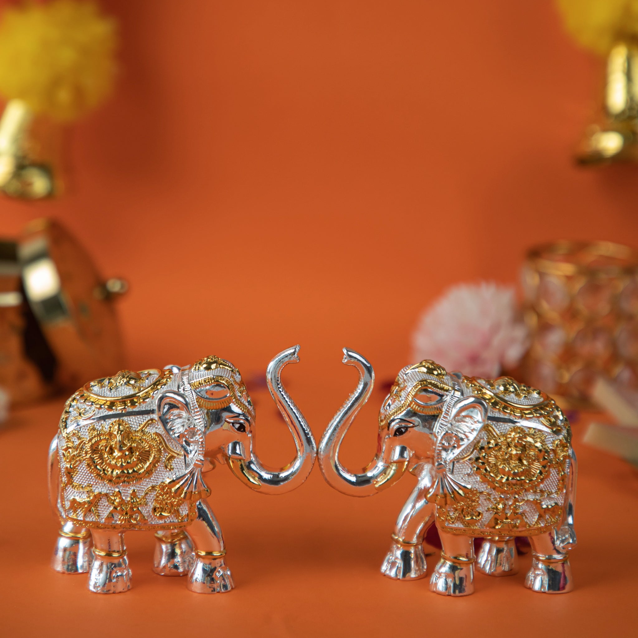 Silver Vastu Elephants – Pack of 2 Decorative Showpieces with Premium Velvet Box for Home, Office & Gifting