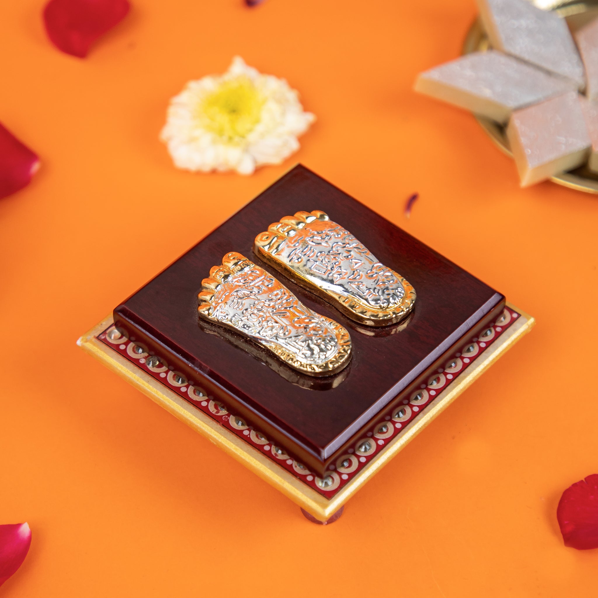 Laxmi Charan Paduka on Wooden Base – Silver & Gold Finish Feet for Pooja, Home Temple & Diwali Gifting