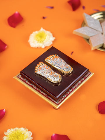 Laxmi Charan Paduka on Wooden Base – Silver & Gold Finish Feet for Pooja, Home Temple & Diwali Gifting