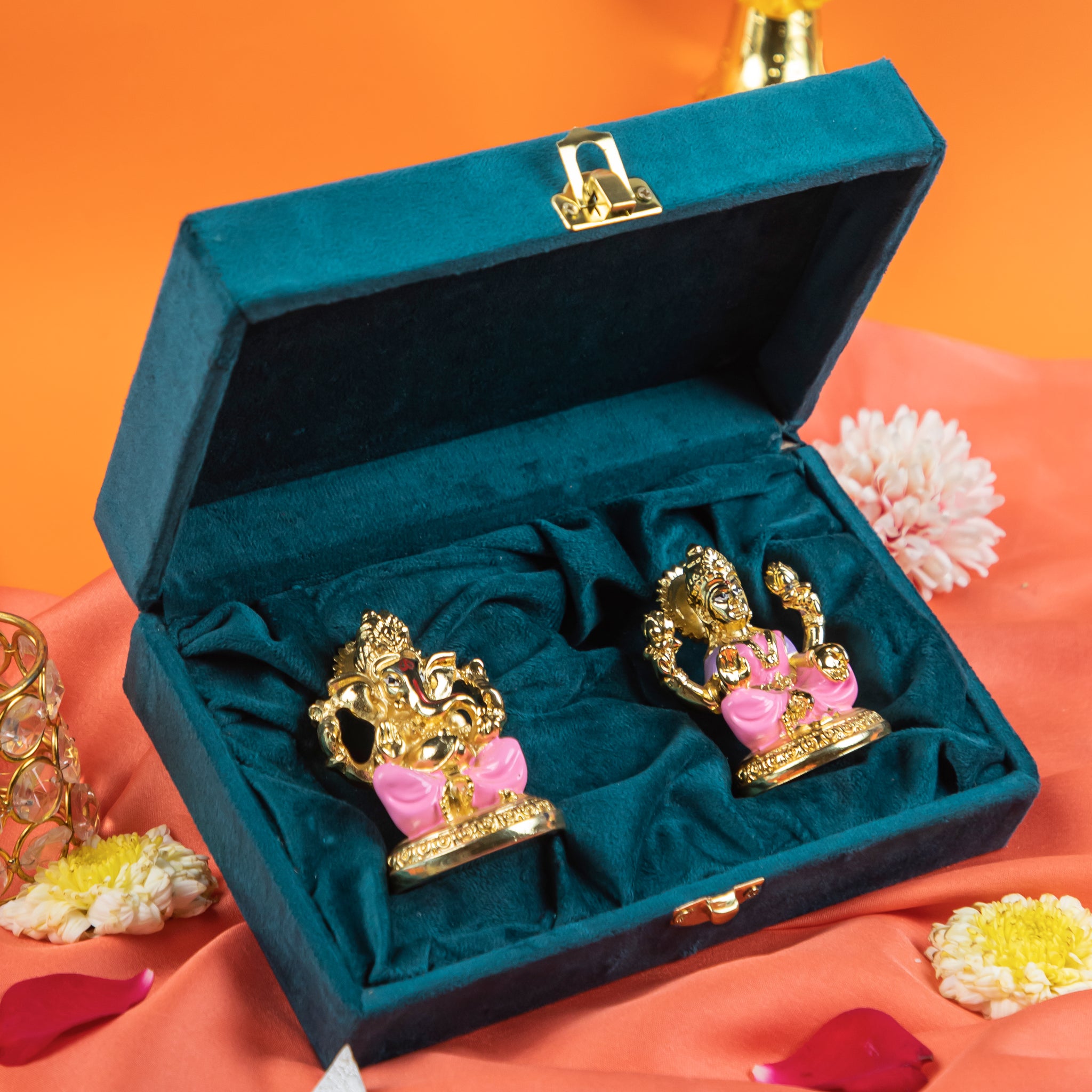 Lakshmi Ganesh Idol with Velvet Box – Gold-Plated Decorative Murti for Pooja, Vastu, Home Decor & Gifting