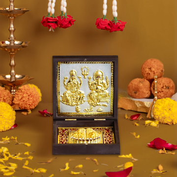 Laxmi Ganesh Pocket Temple with Charan Paduka – Portable Mandir for Pooja, Home & Gifting - Medium - Brown