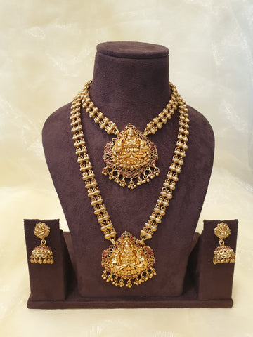 Gold-plated long temple necklace set with Lakshmi pendants