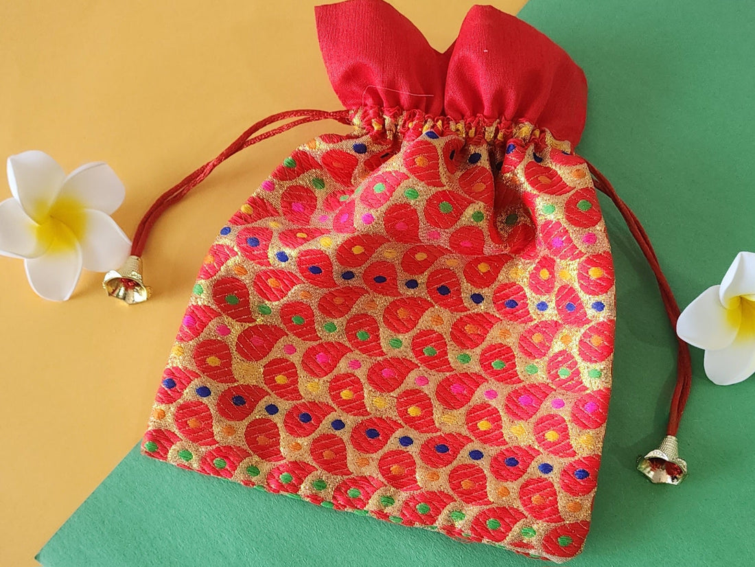 Red Gift Potli Pouch With Design (Pack of 12)