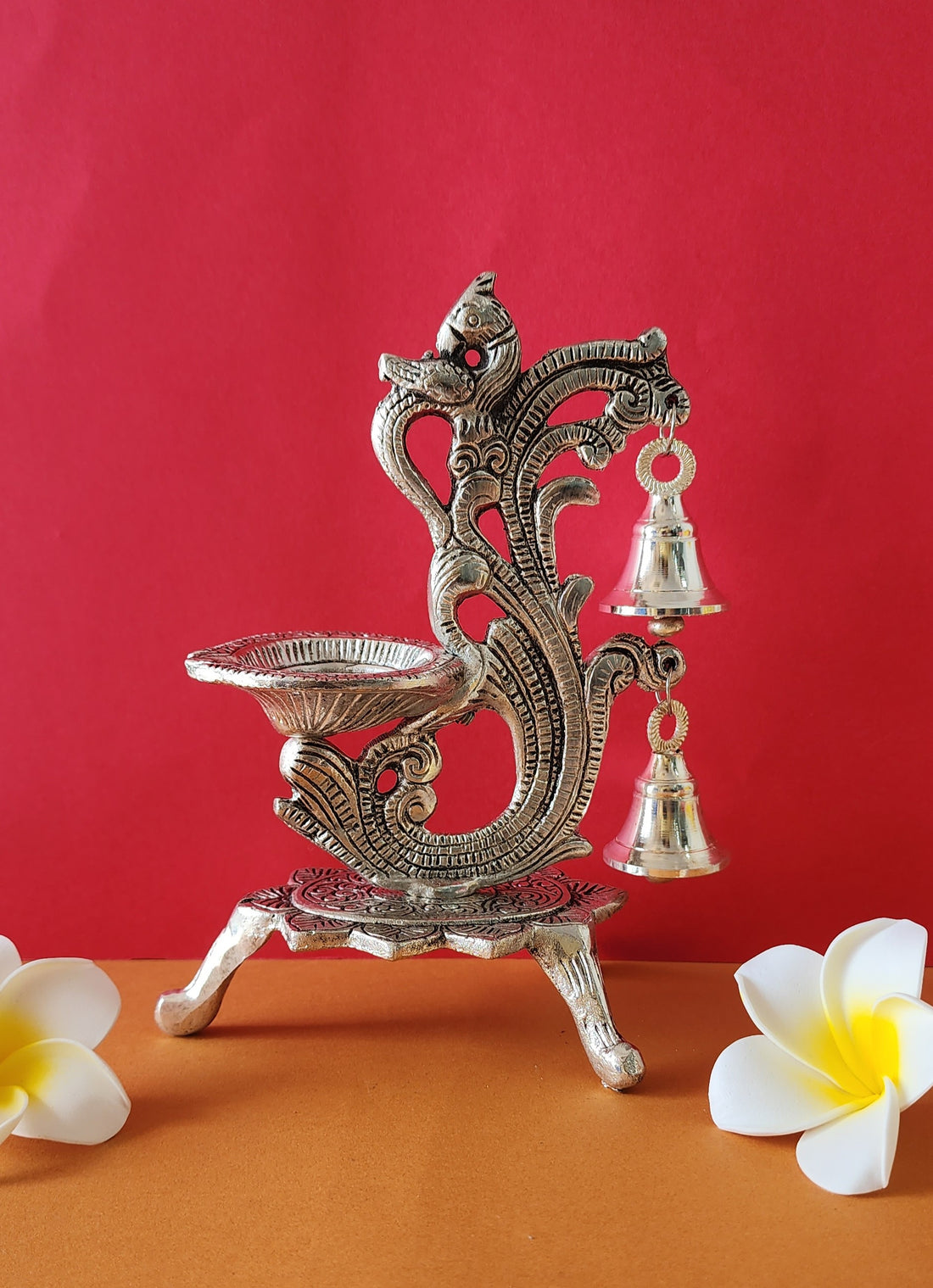 Silver Diya Stand with Peacock Design and Bell