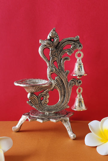 Silver Diya Stand with Peacock Design and Bell