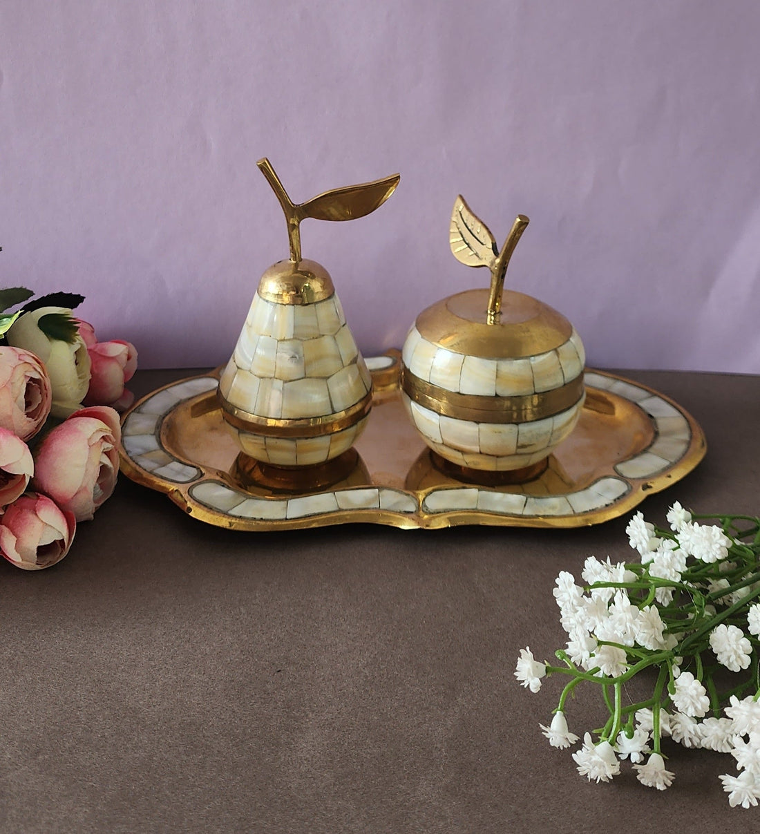 Brass Mother of Pearl Apple Pear Set with Tray (Pack of 5/10/20)
