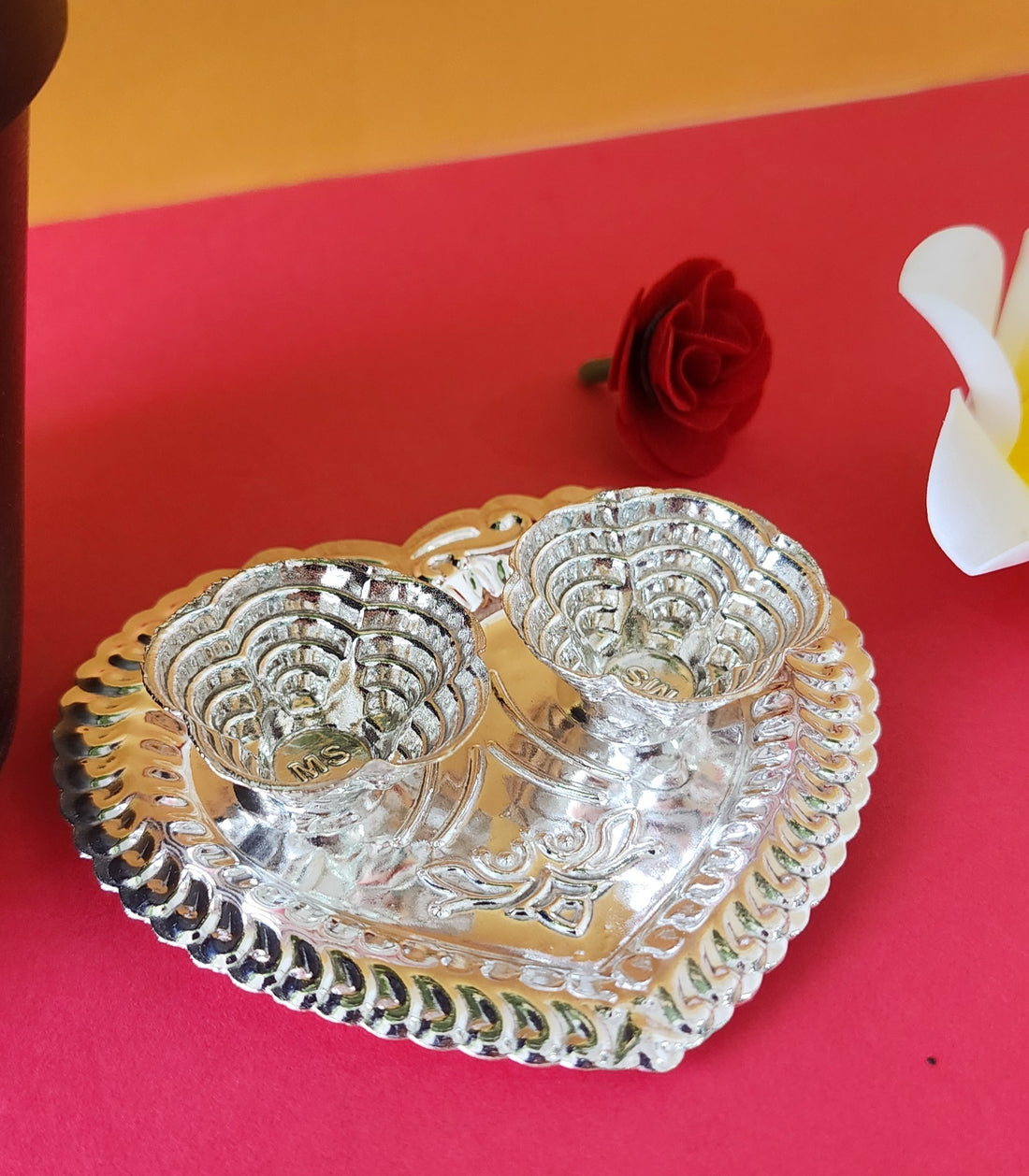 German Silver Diya on Heart Shaped Plate (Pack of 5/10/20)