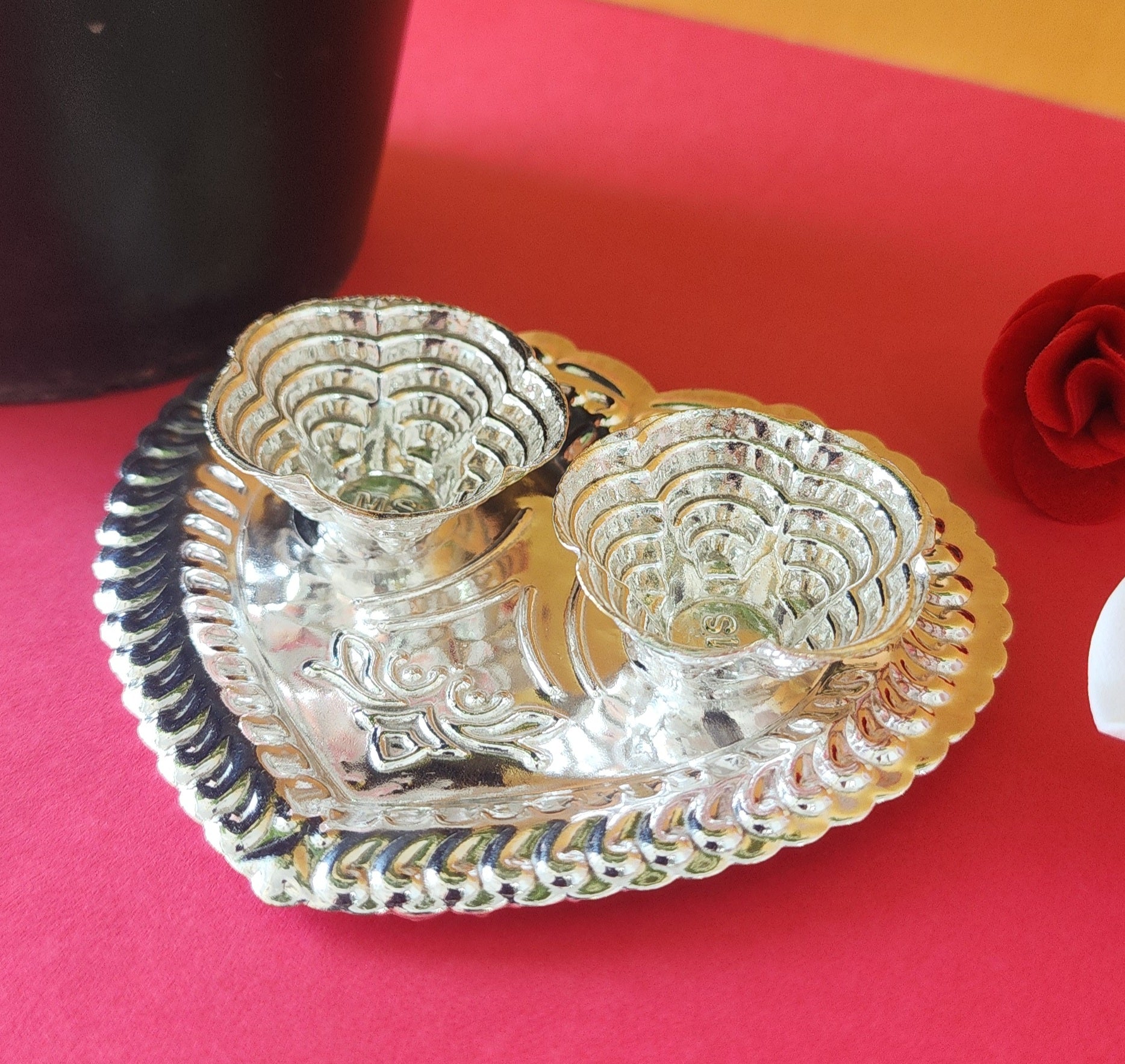 German Silver Diya on Heart Shaped Plate (Pack of 5/10/20)