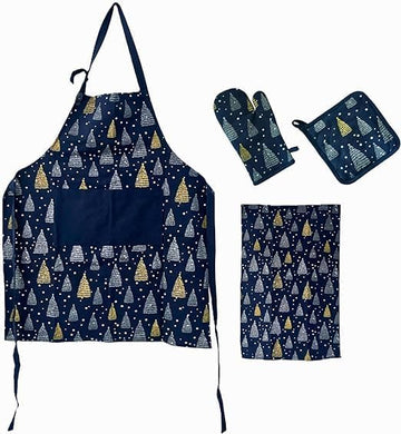 ZAARIYA Apron Set for Christmas Novelty | Along with Oven Mitten, Pot Holder & Kitchen Napkin | Unisex Dress for Adults (Navy blue)