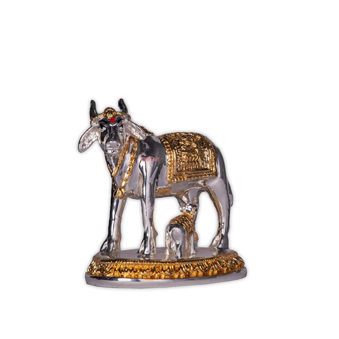 Resin Silver Plated Kamdhenu Cow with Calf Statue for Vastu, Good Luck, Show Piece, Home Decor & Housewarming Return Gift - 4 Inches