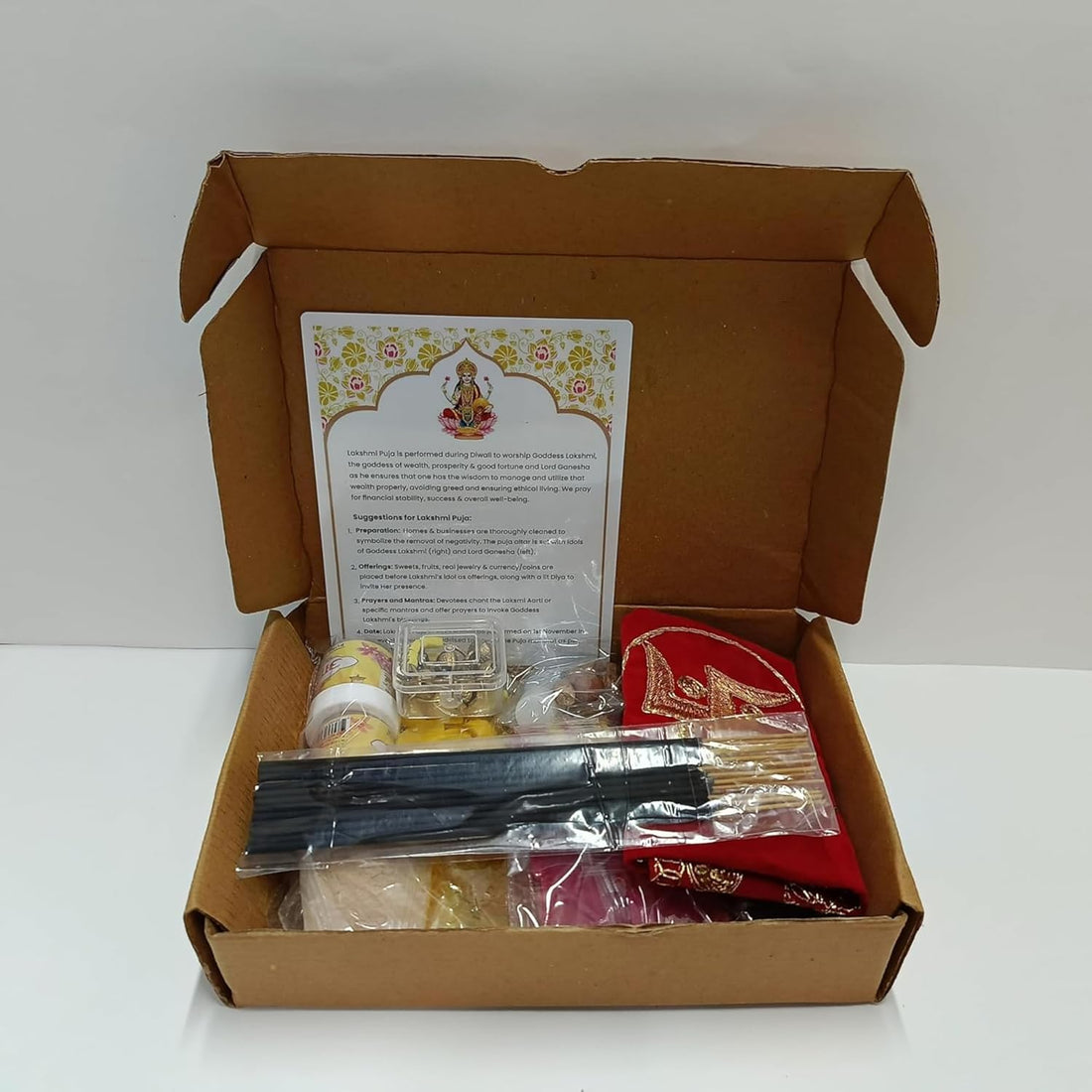 Zaariya Pooja Samagri Complete Set - Includes Ghee Batti, Haldi, Kumkum, Rice, Chandan Pouches, Lakshmi Aarti Card, Kapur, Mouli Reel, Ganga Jal, Supari, Cloth, 2 Ghungroo Rings & Agarbatti