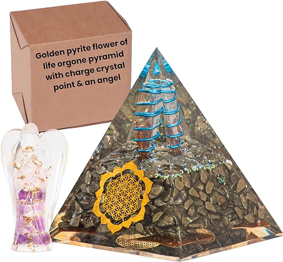 ZAARIYA Golden Pyrite Flower of Life Orgone Pyramid with Charge Crystal Point & an Angel for Chakra Energy Healing, Meditation, Gifts & Room Decor