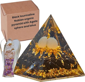 ZAARIYA Black Tourmaline Nubian Orgone Pyramid with Agate Sphere, Lotus & an Angel for Chakra Energy Healing, Meditation, Gifts & Room Decor