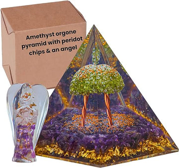 ZAARIYA Amethyst Orgone Pyramid with Peridot Chips & an Angel for Chakra Energy Healing, Meditation, Gifts & Room Decor