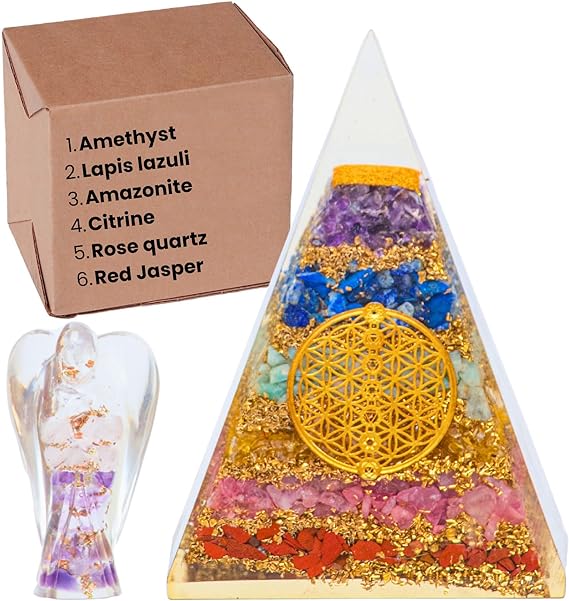 ZAARIYA Orgone Crystal Pyramid with Amethyst, Lapis Lazuli, Amazonite, Citrine, Rose Quartz, Red Jasper for Chakra Energy Healing, Meditation, Gifts & Room Decor