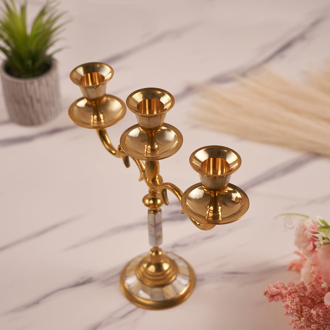 Elegant Three-Arm Brass Mother of Pearl Candle Holder – Decorative Candlestick for Home Décor, Table Centerpieces, and Special Occasions (Pack of 5/10/20)