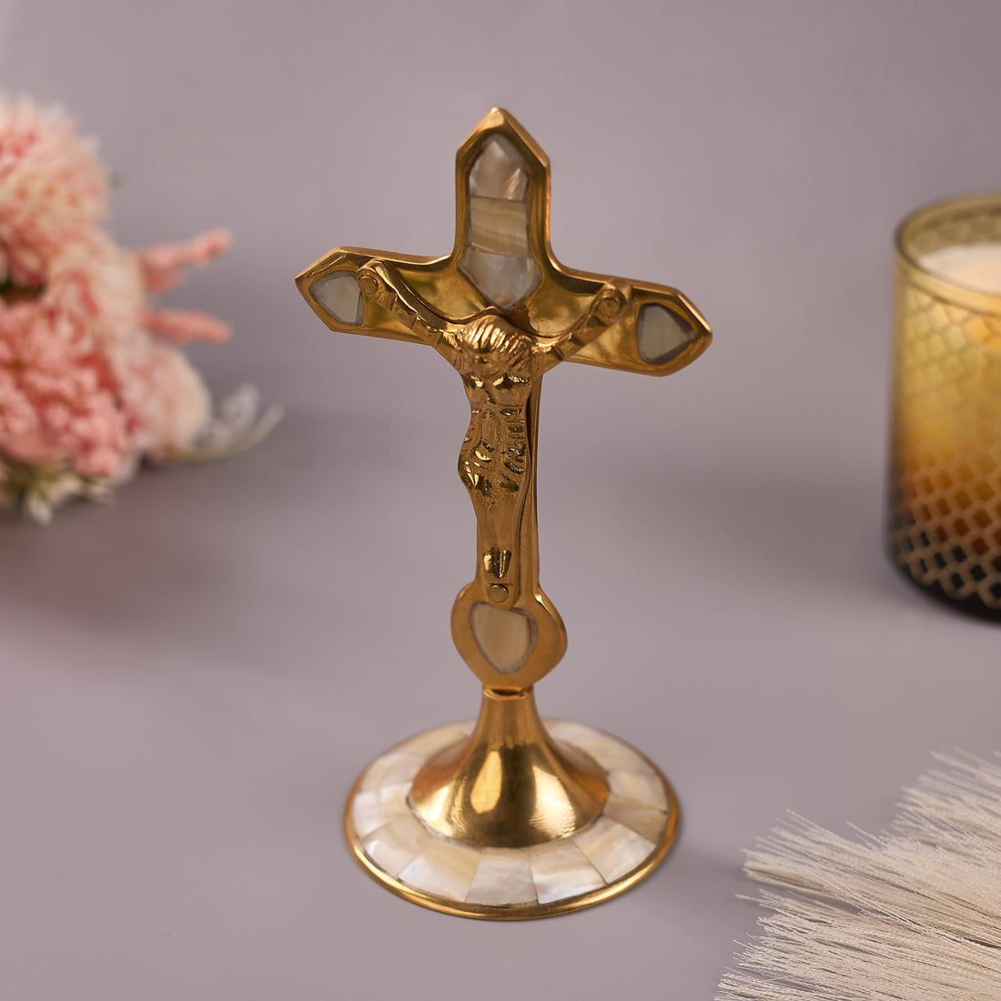 Brass Mother of Pearl Cross