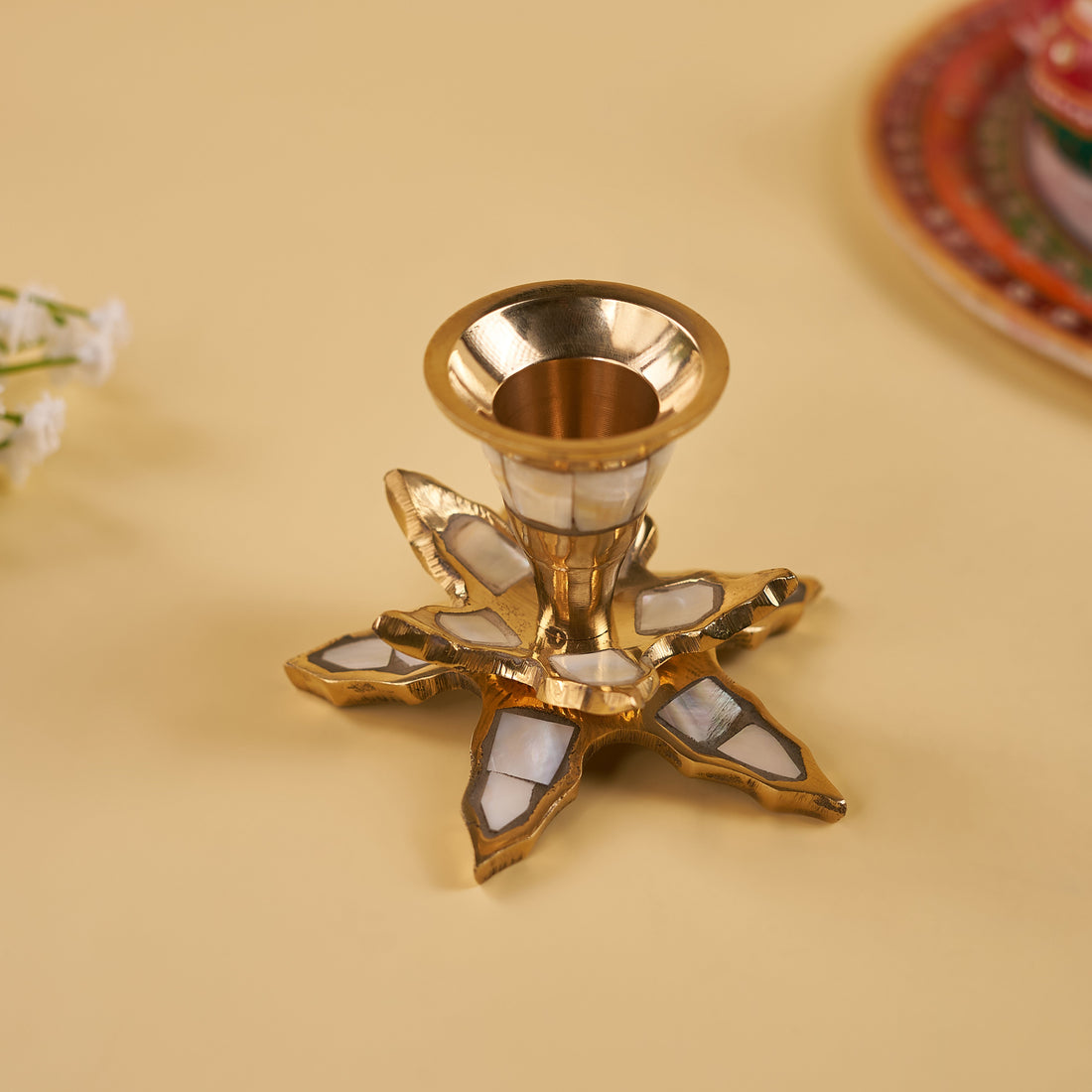 Brass Mother of Pearl 5-Petal Shape Candle Stand (Pack of 5/10/20)
