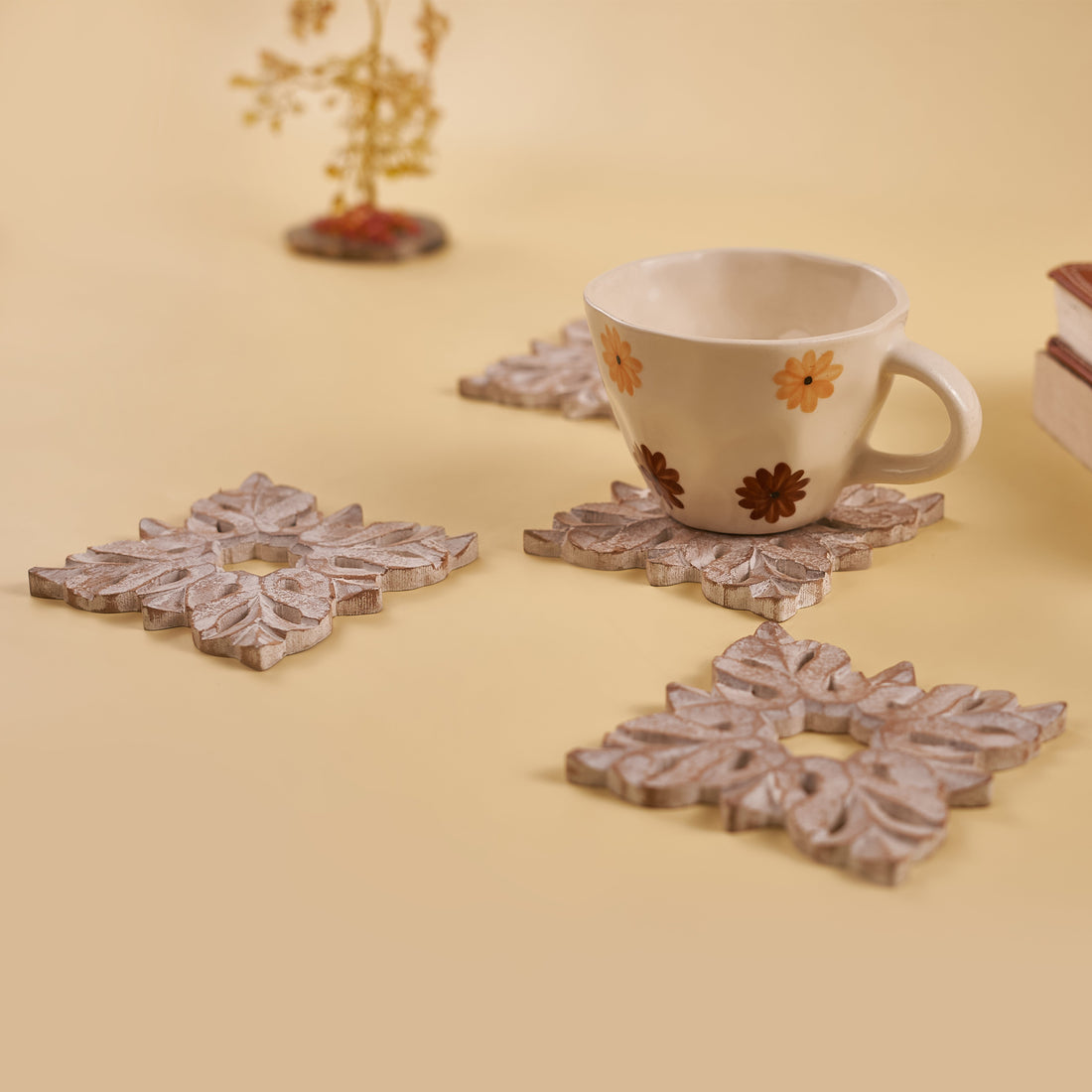 White Wooden Carved Coaster Set of 4 (Pack of 5/10/20)