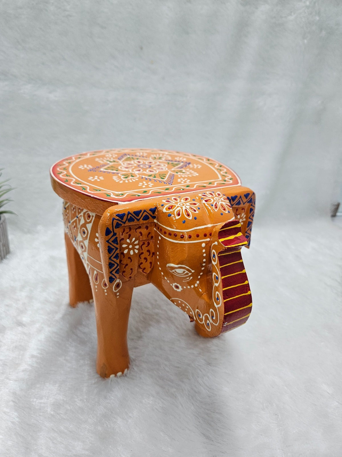 Wooden Orange Printed Elephant Stool