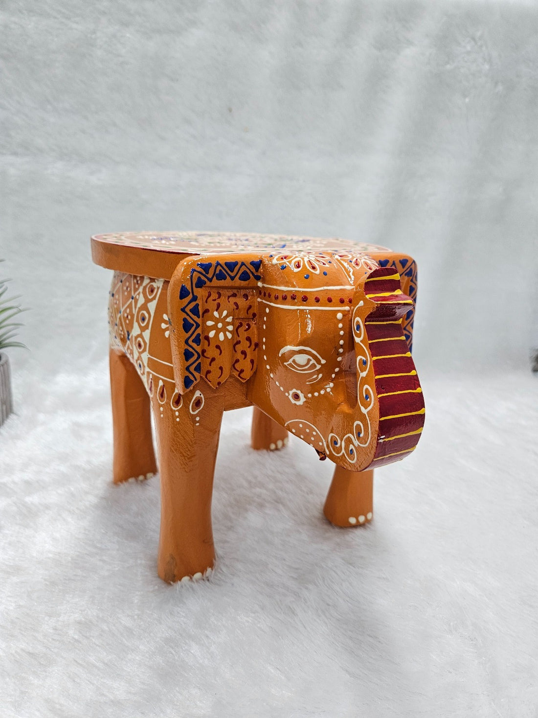 Wooden Orange Printed Elephant Stool