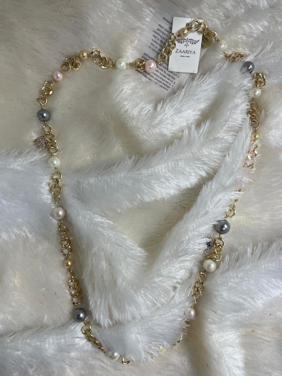 Brass Long Chain and Swarovski pearl Necklace