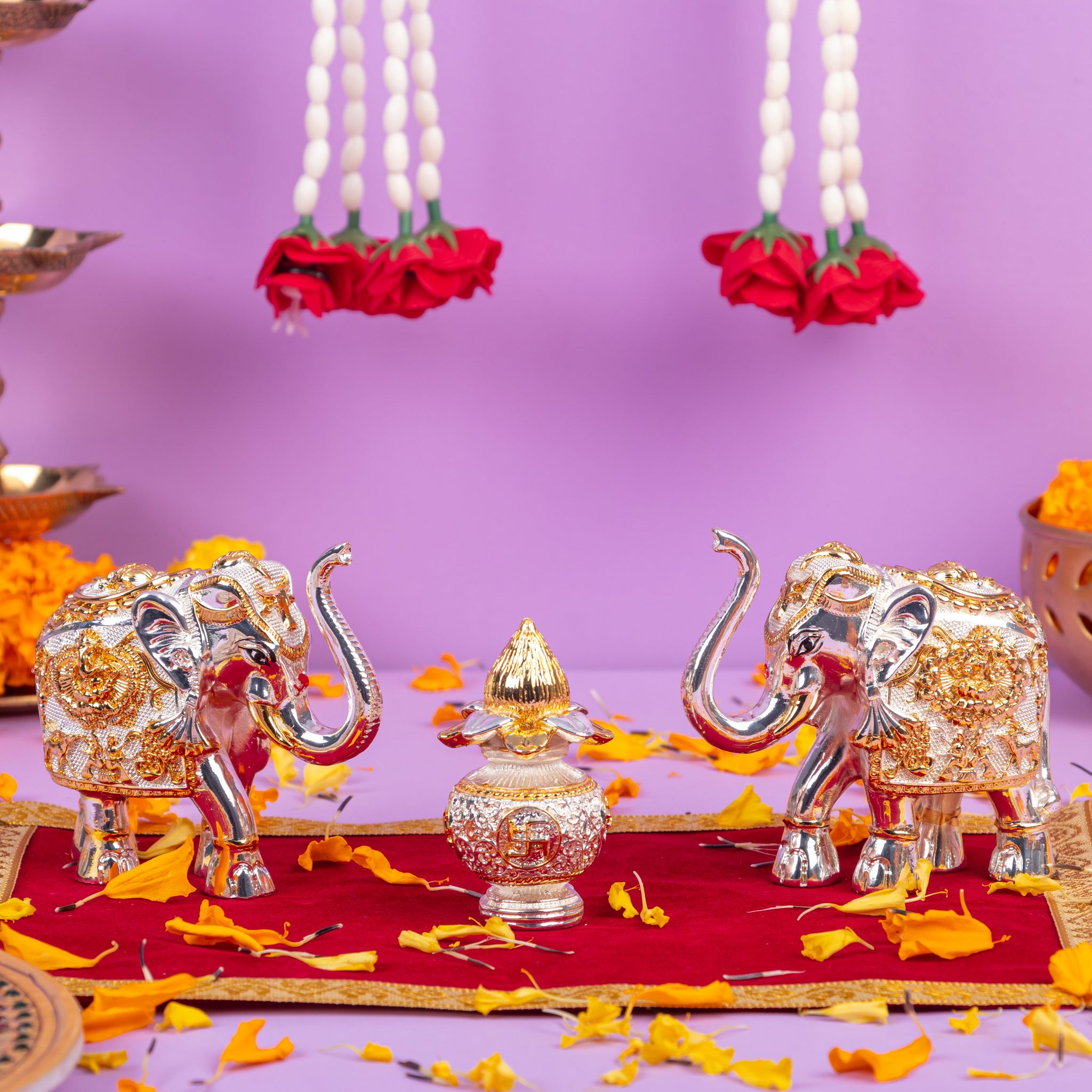 Silver Elephant Idols with Kalash Combo for Diwali Gifting & Pooja Room Decoration - Pack of 3/5/10