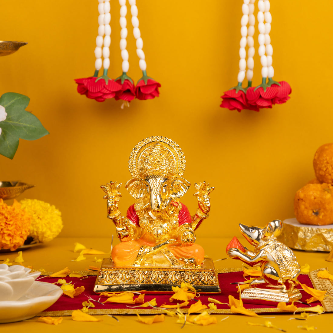 Dagduseth Ganpati Gold with Mushak Combo for Diwali Gifting & Pooja Room Decoration - Pack of 3/5/10