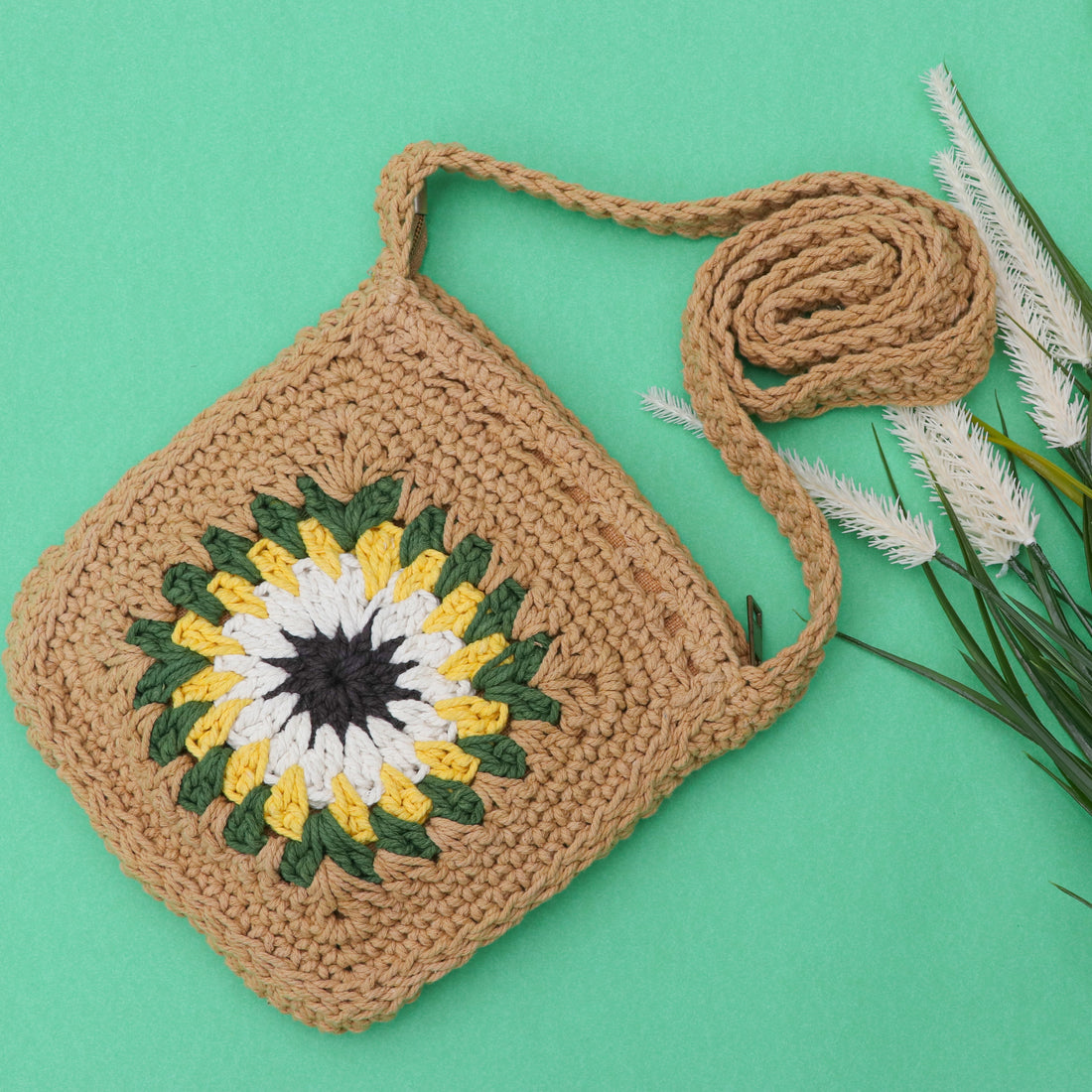 Crochet Sunflower Sling - White / Beige / Mustard