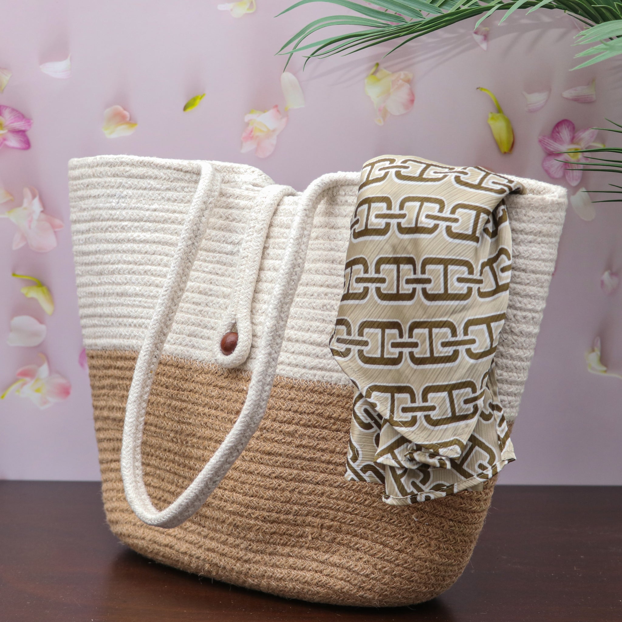 Large Jute & cotton Tote Cream & Brown