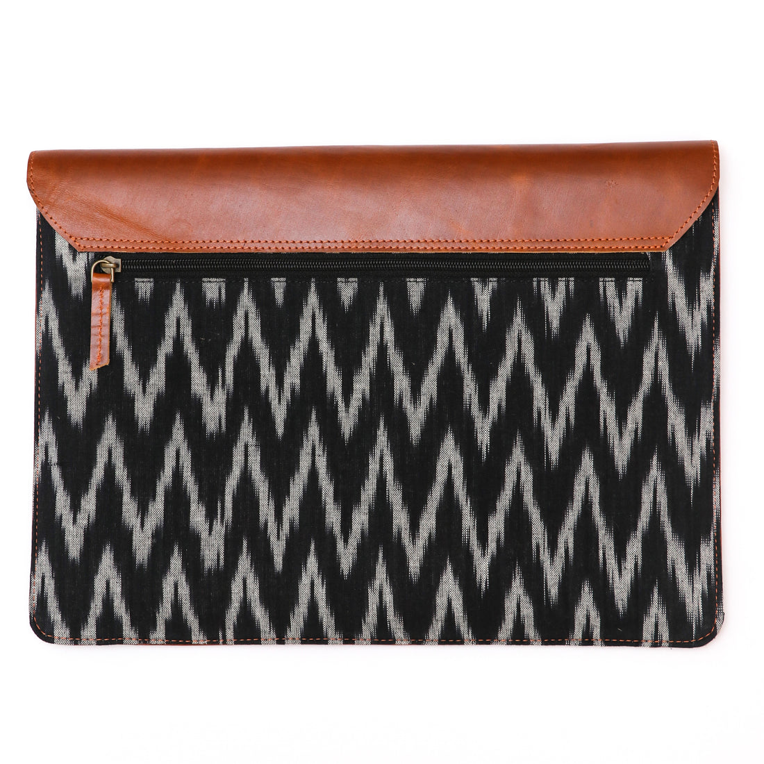 Leather and block print Laptop sleeve with flap closure