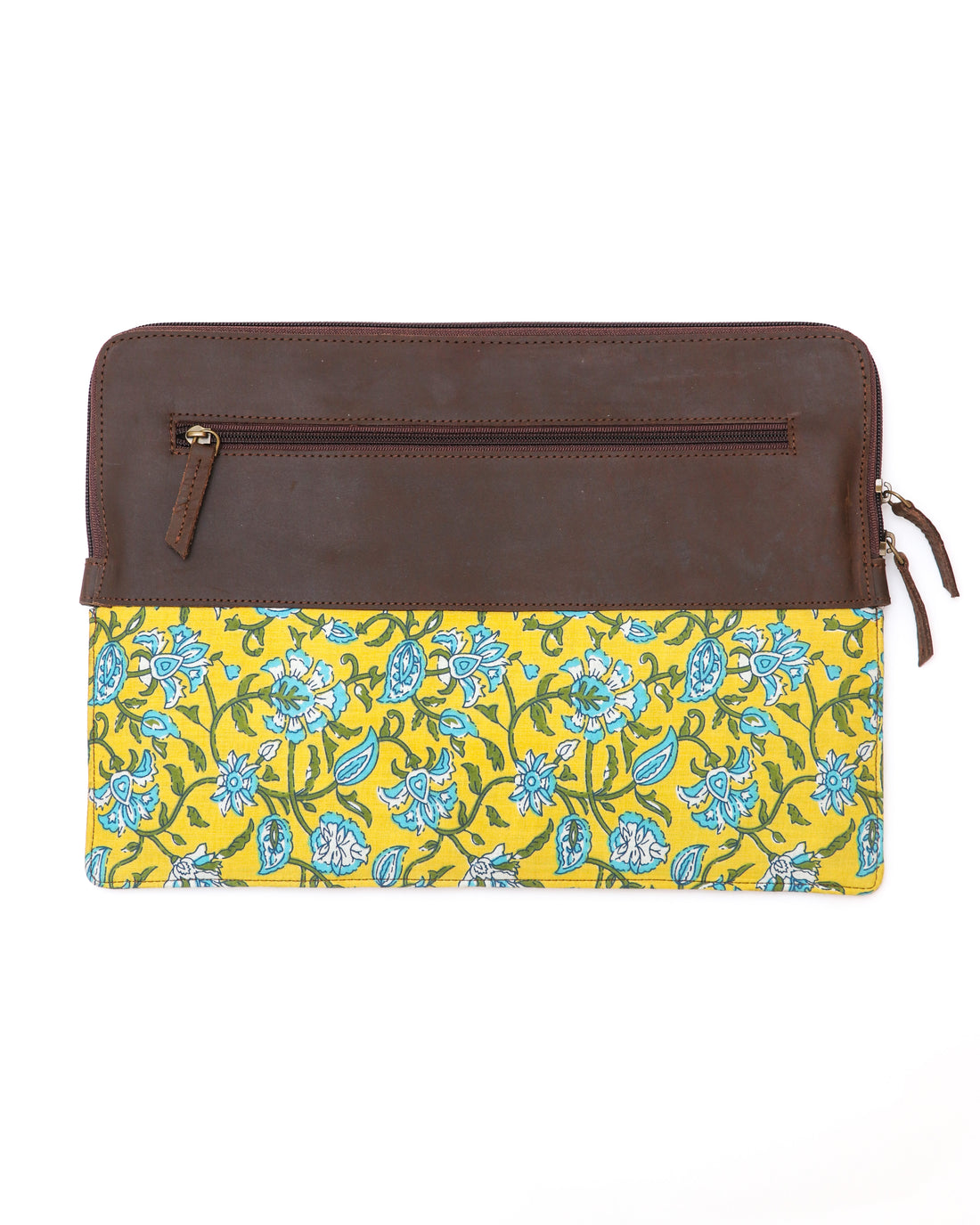 Leather with block print laptop sleeve Yellow