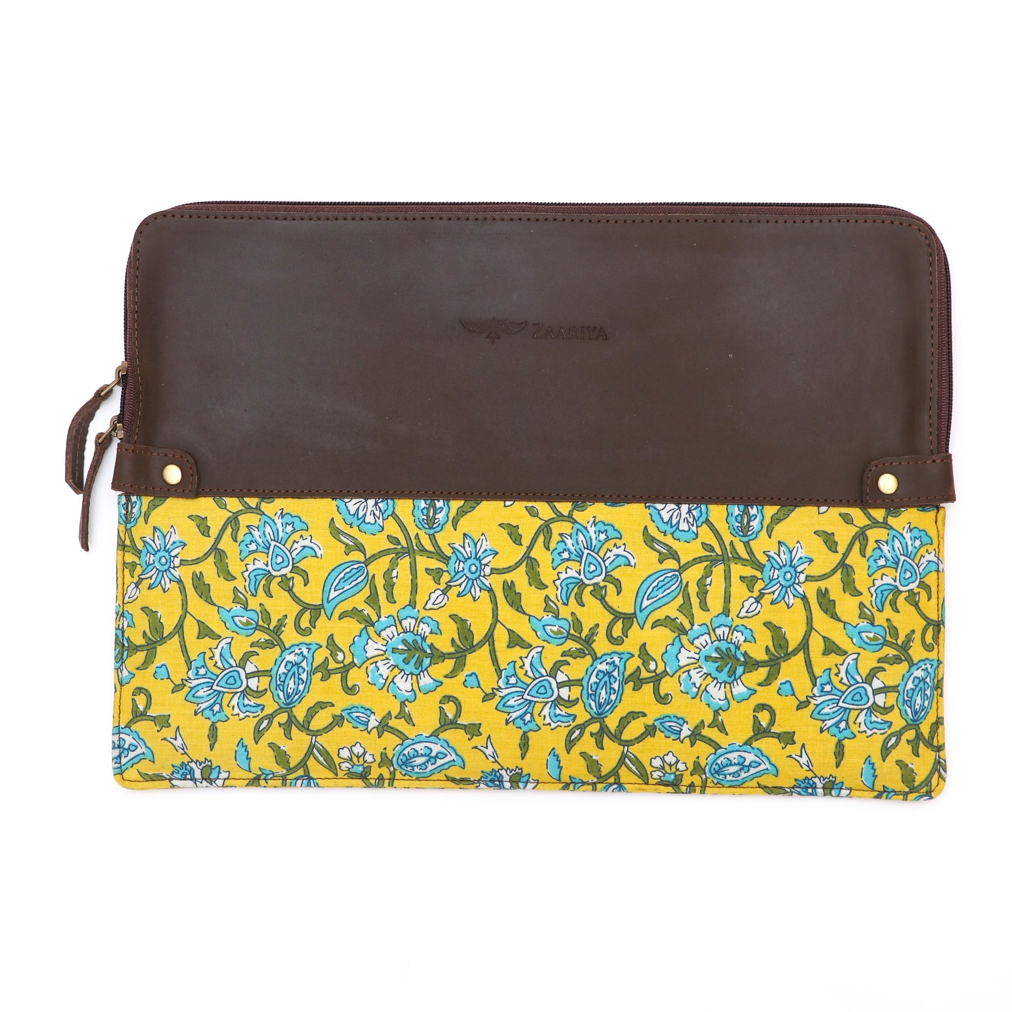 Leather with block print laptop sleeve Yellow